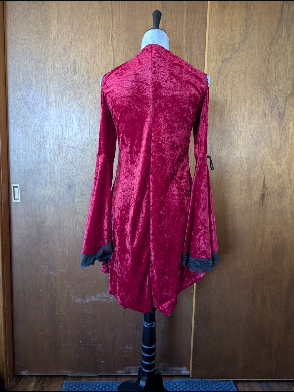 Red Velvet Lace-Up Women's Cold Shoulder Top With Bell Sleeves - Picture 3 of 11